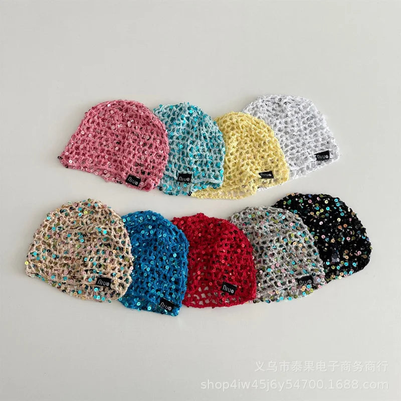 Early Autumn New Ethnic Style Sequin Hollow Knitted Pullover Hat for Girls Fashionable Stylish Fishnet Headwrap Hat