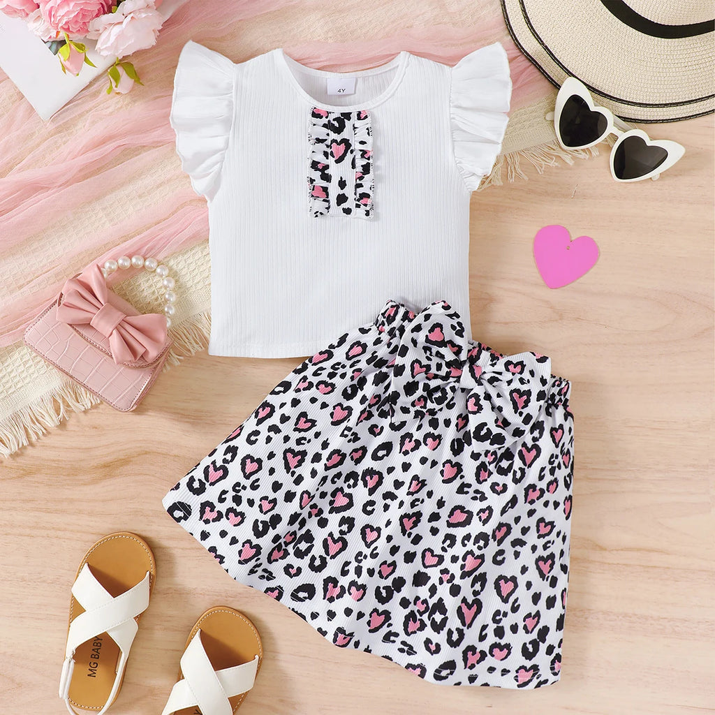 2Pcs Children's clothing Girl Flying sleeve White Top Leopard Print Bow Skirt Set for 4-7 Year old Girls Summer Fashion Set
