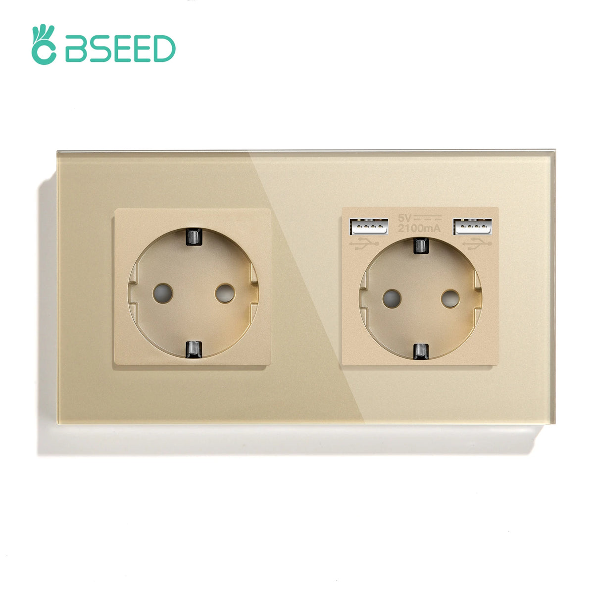 BSEED Double Socket EU Standard Wall Socket With Golden Crystal Glass Panel 16A 110-240V