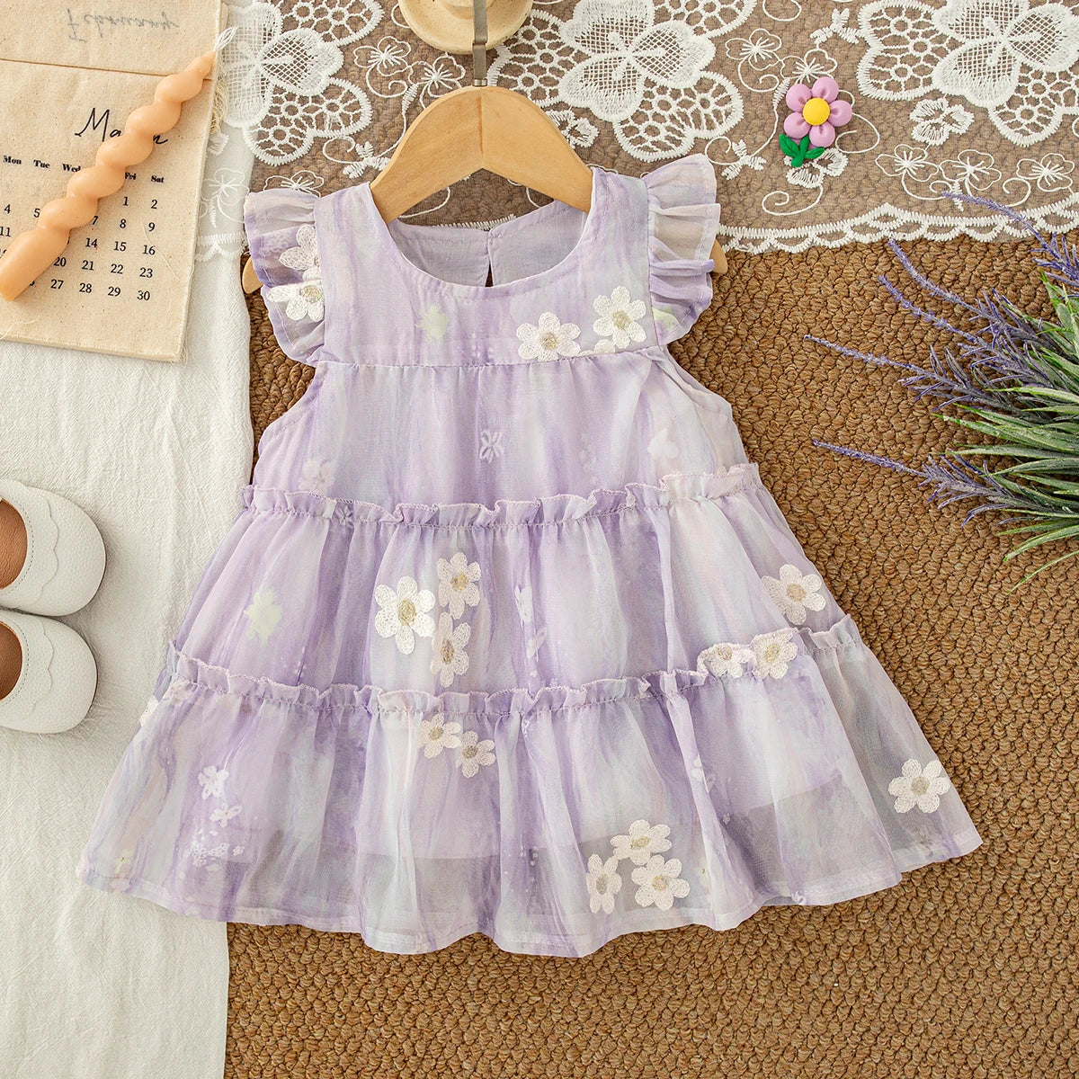 Baby Clothes for Girl Summer Fashion Floral Purple Birthday Party Baby Girl Fairy Dress Korean Style Sweet Toddler Tulle Dress