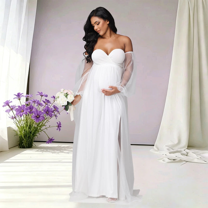 Maternity Sweetheart Neck Puff Sleeves Mesh Dress Side Split Party Gown for Photoshoot