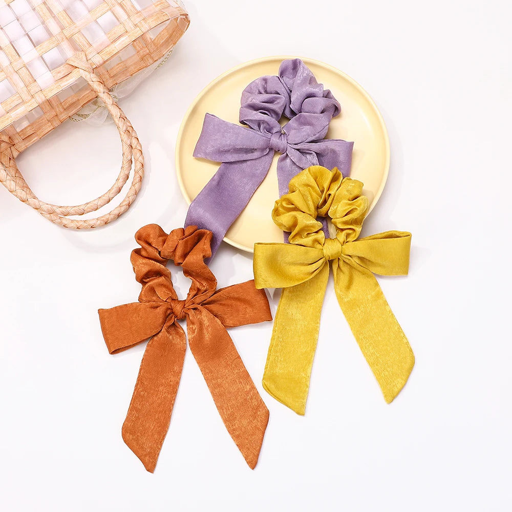 10Pcs Random Color Hair Band Elastic Bowknot Rubber Band Solid Color Headrope High Ponytail Leather Band