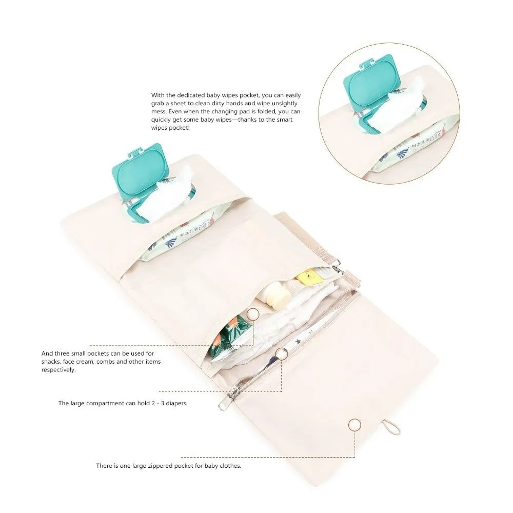 Cute Baby Hanging Diaper Bag Multi-Compartment Cotton Foldable Storage Pouch with Wipe Holder Detachable Strap