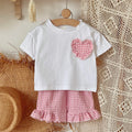 0-3Y Toddler Infant Kid Baby Girl Clothes Sets Soft Short Sleeve T-Shirt Heart Shaped Sticker Tops Striped Shorts