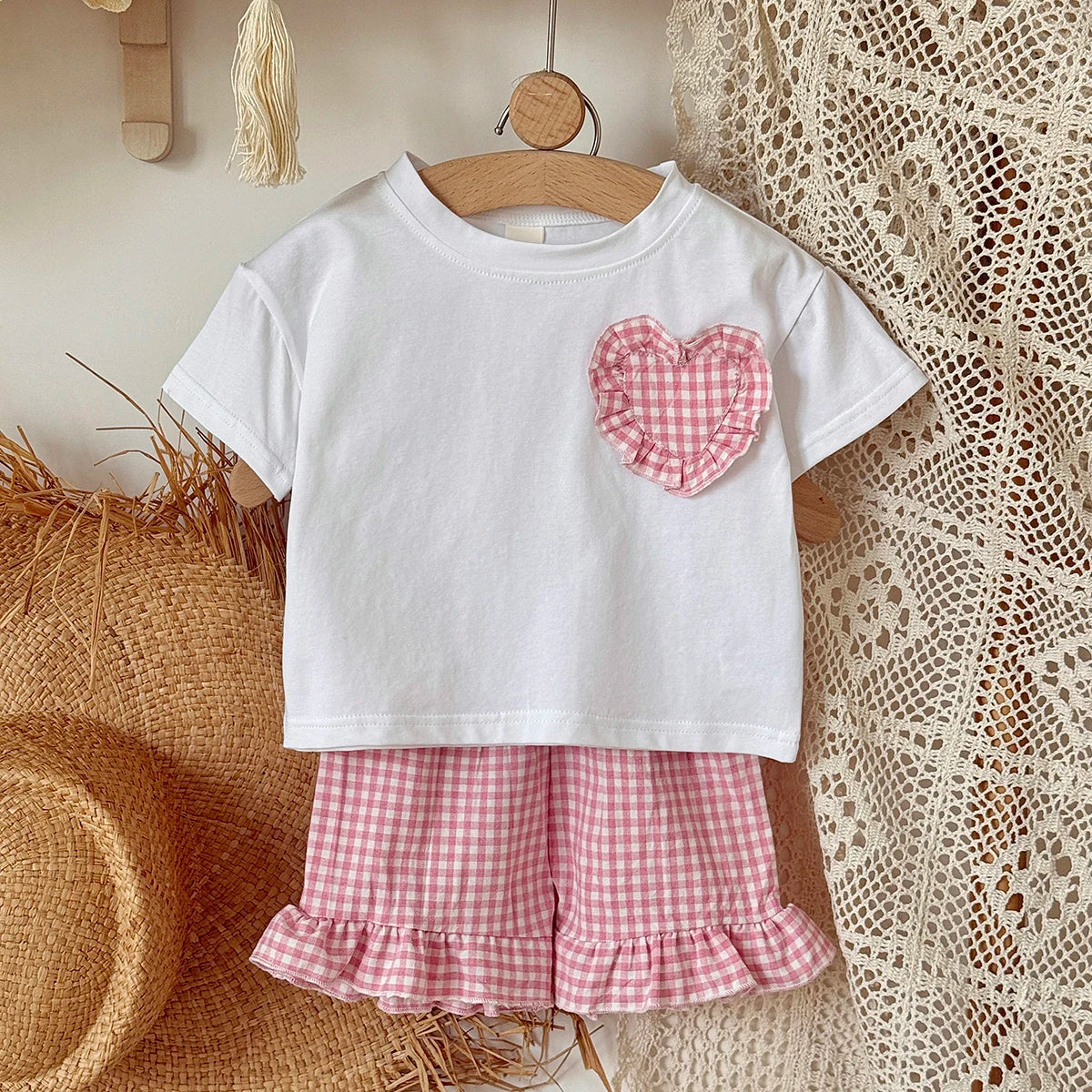 0-3Y Toddler Infant Kid Baby Girl Clothes Sets Soft Short Sleeve T-Shirt Heart Shaped Sticker Tops Striped Shorts