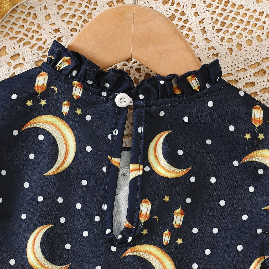 3Pcs Ramadan Girls' Set Small Stand Collar Moon Printed Top+Pants+Belt Set Suitable for 2-7-year-old Child Girls' Festival Set