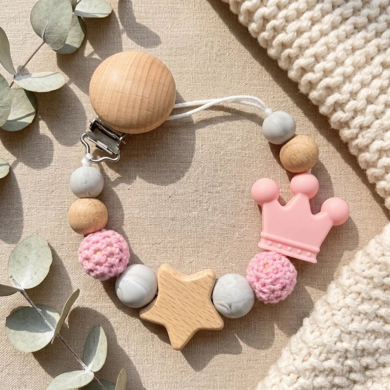 Personalized Baby Pacifier Clip with Name – Crochet Bear Wooden Star Teether Holder