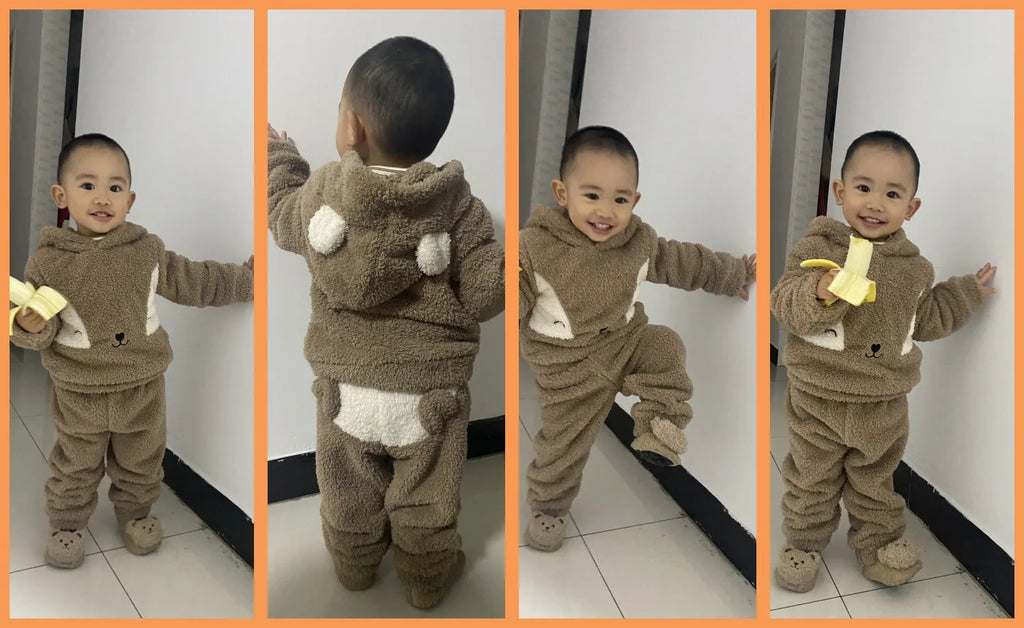 Toddler children's Boy Set Brown Hooded Plush Long sleeved Pants Two-piece Set fit 0-3 Year old Male Baby Winter Warm Suit