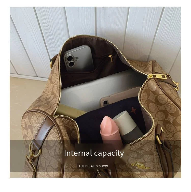 Classic Vintage Monogram Travel Duffle Bag, Trendy Versatile Overnight Weekender Bag with Top Handles & Adjustable Strap