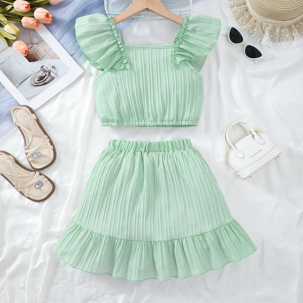 Children's Summer Set Flying Sleeve Solid color Top and Irregular Design Dress Fashion Set Suitable for Girls Aged 8-11 Years