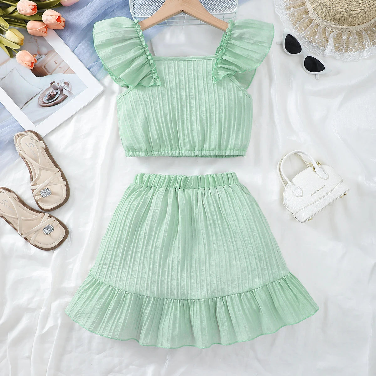 Children's Summer Set Flying Sleeve Solid color Top and Irregular Design Dress Fashion Set Suitable for Girls Aged 8-11 Years