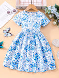 Children's girls' Round neck Blue Floral Short sleeved Dress Children's clothing 2-7 Year-old girls' Summer Casual Dress