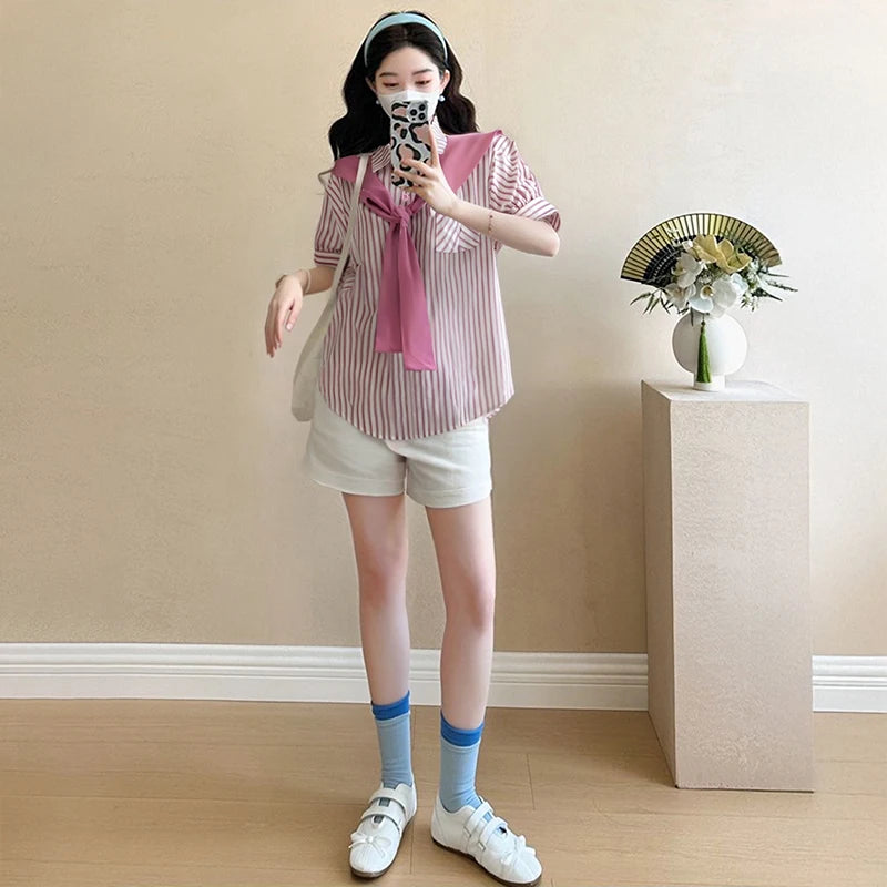 2025 Summer Maternity Pink Shirts Puff Sleeve O-neck Bowknot Hollow Out Backside Pregnant Woman Blouses Sweet Pregnancy Top Tees