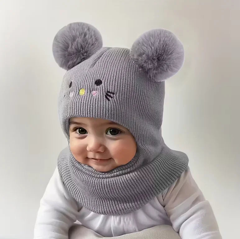0-3Y Kids Balaclava Toddler Beanie Double Balls Baby Cat Stretchy New Born Girls Boys Beanies Winter Hats for Cold Weather Gear