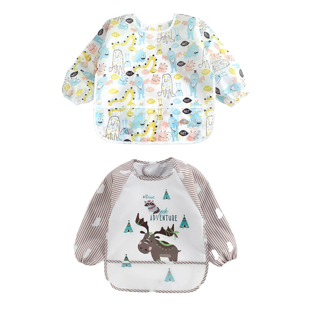 Waterproof Full Sleeve Baby Bibs 2 Pack for Feeding Smocks with Long Sleeves for Kids