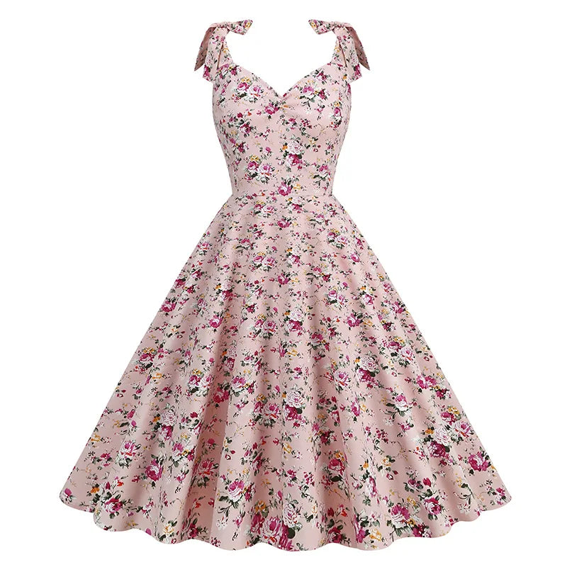 Summer New Parent-Child Dress Flower Bow Print Strap Dress Beach Party Fashion Cute V-Neck Mother Daughter Dress