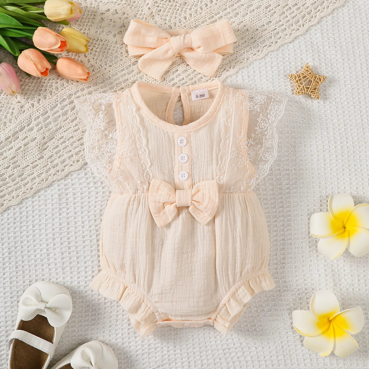 Bodysui Baby Girls Romper Set 0-18M Sleeveless Round Neck Lace Edge Bow And Headband Summer Casual