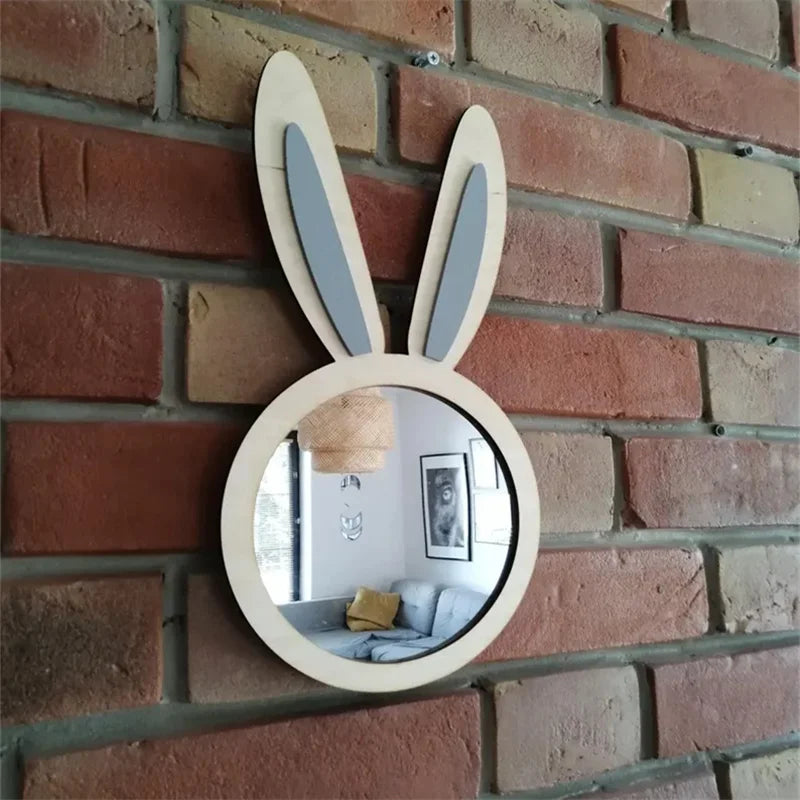 Ins Nordic Style Wooden Rabbit Silver Mirror Decoration, Rabbit Ear Decorative Mirror, Fun Rabbit Mirror for Home Room Walls, Perfect Practical Gift for Bedroom and Hallway for Holidays.