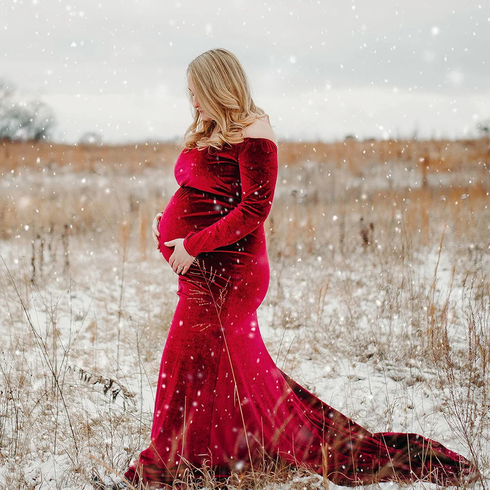 Velvet Maternity Off Shoulder Trailing Fitted Gown Maxi Photography Dress for Baby Shower Photo Props Dress