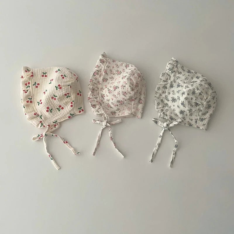 0-12Month Newborn Floral Ear Protection Hat Princess Girl Palace Hats Spring Summer Baby Sunshade Visors Flower Print Infant Cap