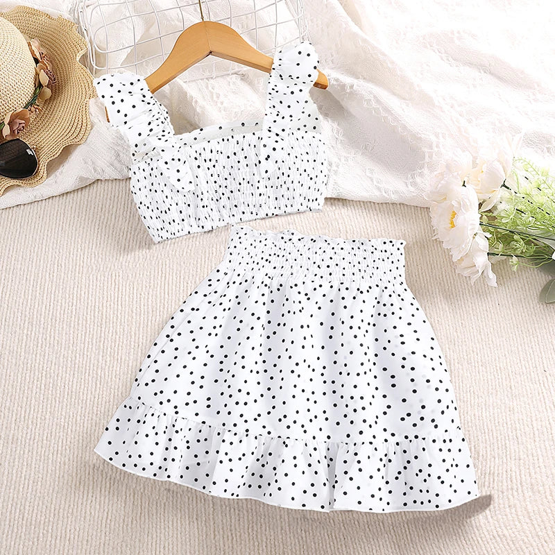 Girls' Clothing Set 5-12T Tri-Color Optional Flying Sleeve Square Collar Vest Top + Lace Skirts  Children Girls Baby Clothes Set
