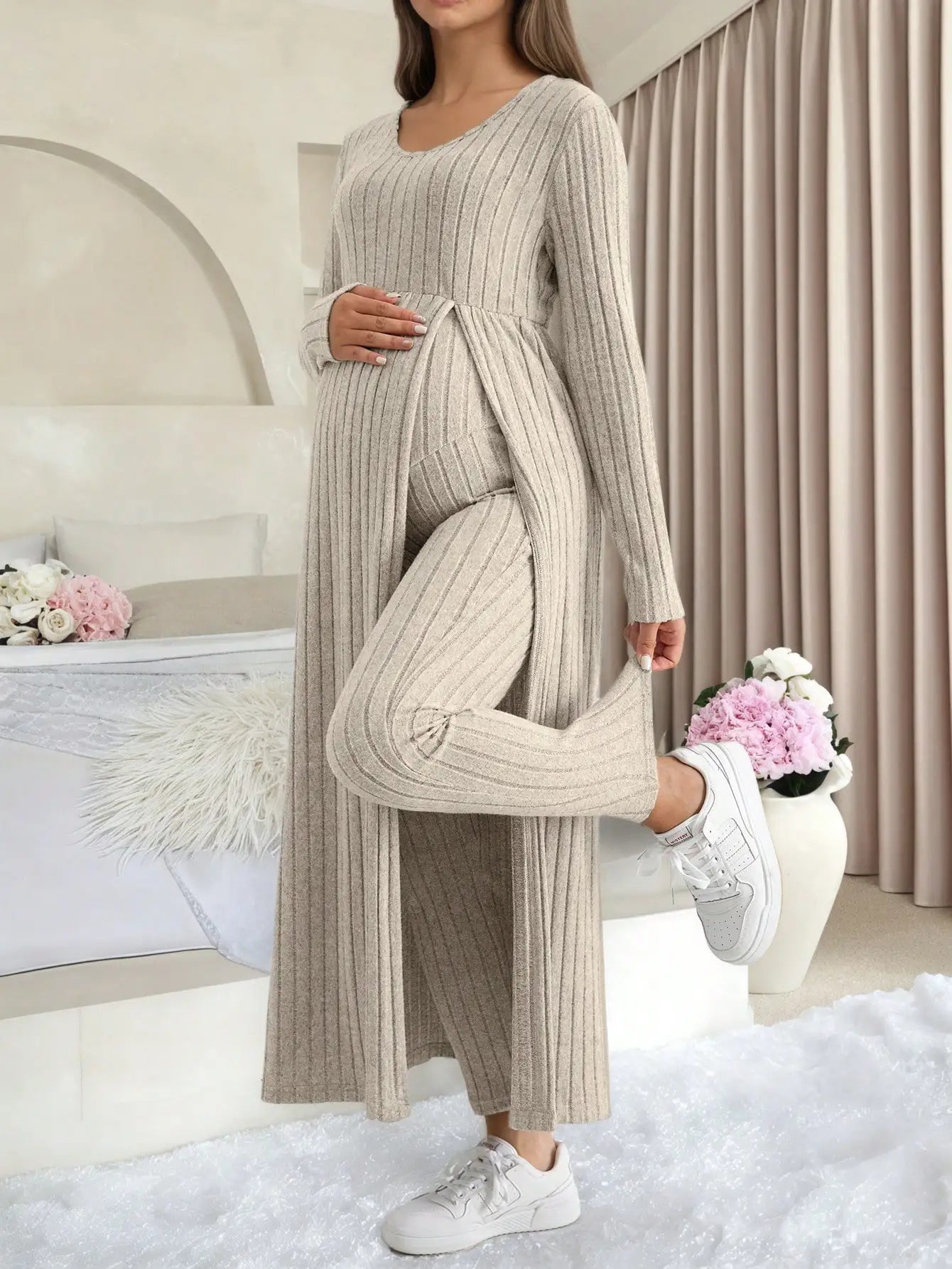 Maternity Two Piece Lounge Set With Long Sleeve Soft Ribbed Fabric For Home And Casual Wear
