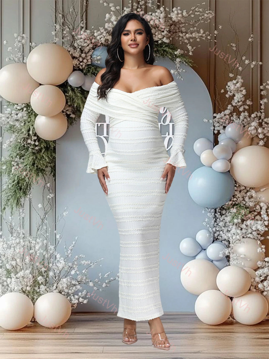 Maternity Fishtail Long Sleeves Criss Cross Neck Fall Dress Fashion Bodycon Pregnant Women Gown for Baby Shower Photoshoot
