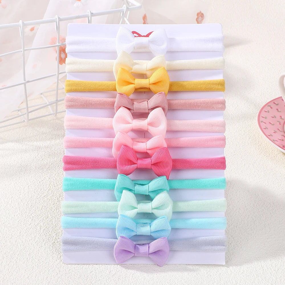 11Pcs/lot solid color bowknot headband exquisite mini nylon head band set baby high elasticity without damaging hair