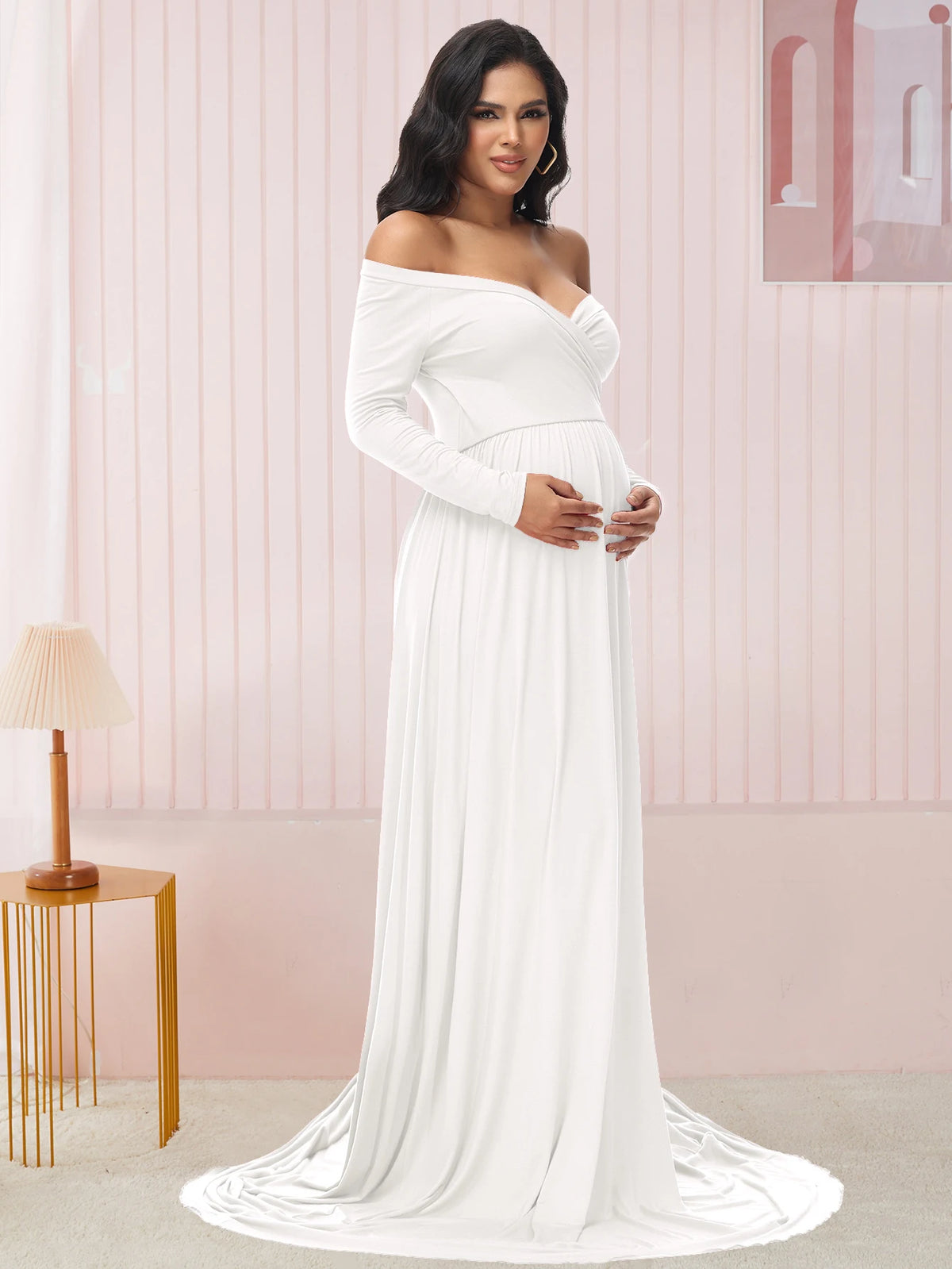 Maternity V-Neck Gown Long Sleeve Maxi Dress For Photo Shoot During Pregnancy Model MNV-G01