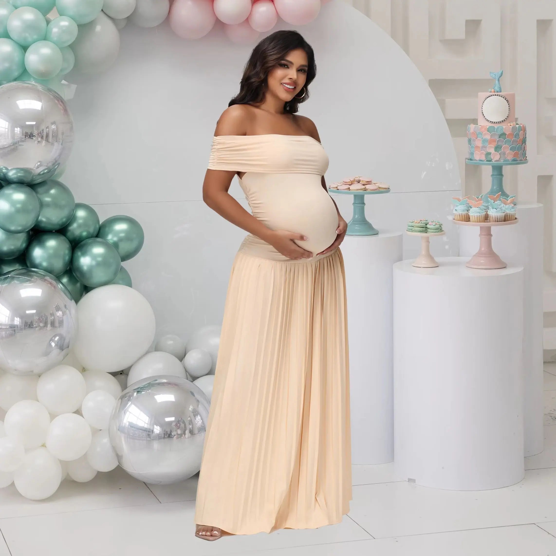 Maternity Off-Shoulder Bodycon  Backless Summer Long Dress Pleated  Maxi Gown for Baby Shower Photoshoot