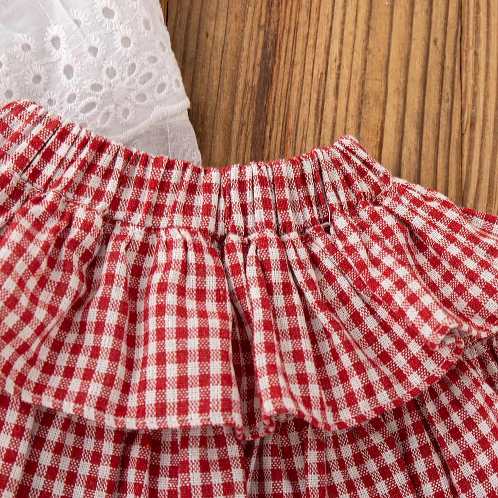 2pc/Set Girls' Suit Summer Bow And Plaid Lace Trim Short Sleeve Casual Toddler Girl Clothes Cute Simple Children Clothes