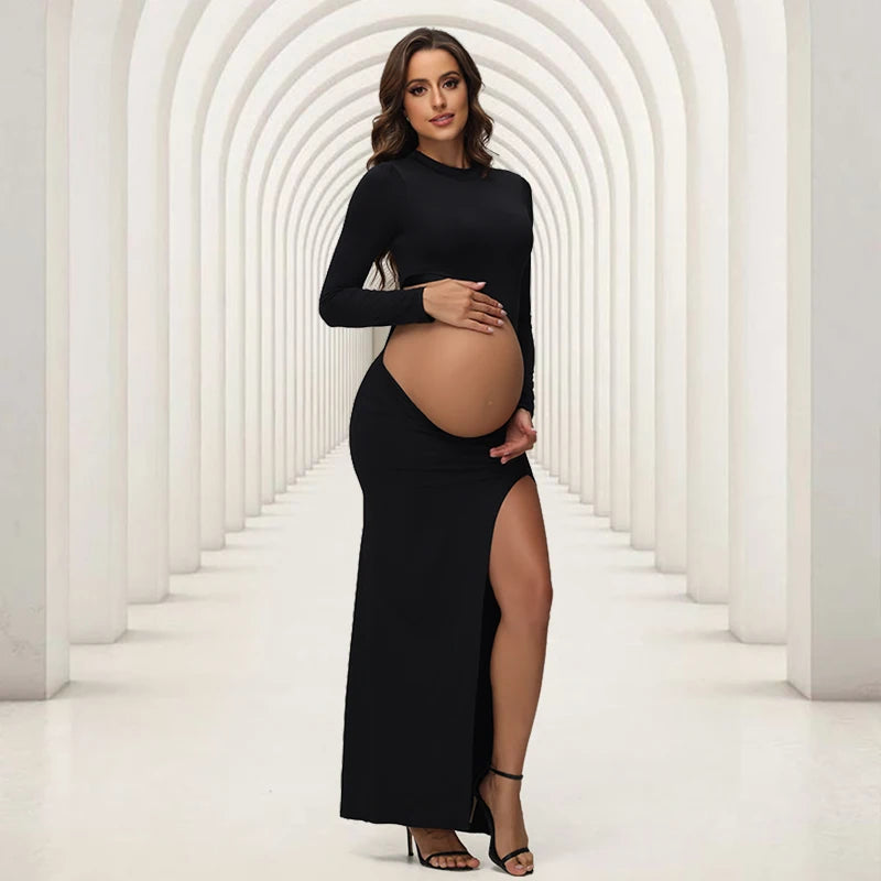 Maternity Photography Dresses Long Sleeve Mock Neck Side Split Showing Belly Pregnant Sexy Gown For Photoshoot Baby Shower