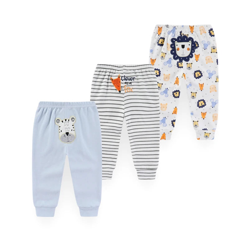 Kiddiezoom 3Pcs Lot Unisex Four Seasons Cartoon 100 Percent Cotton Baby Pants Soft Infant Trousers