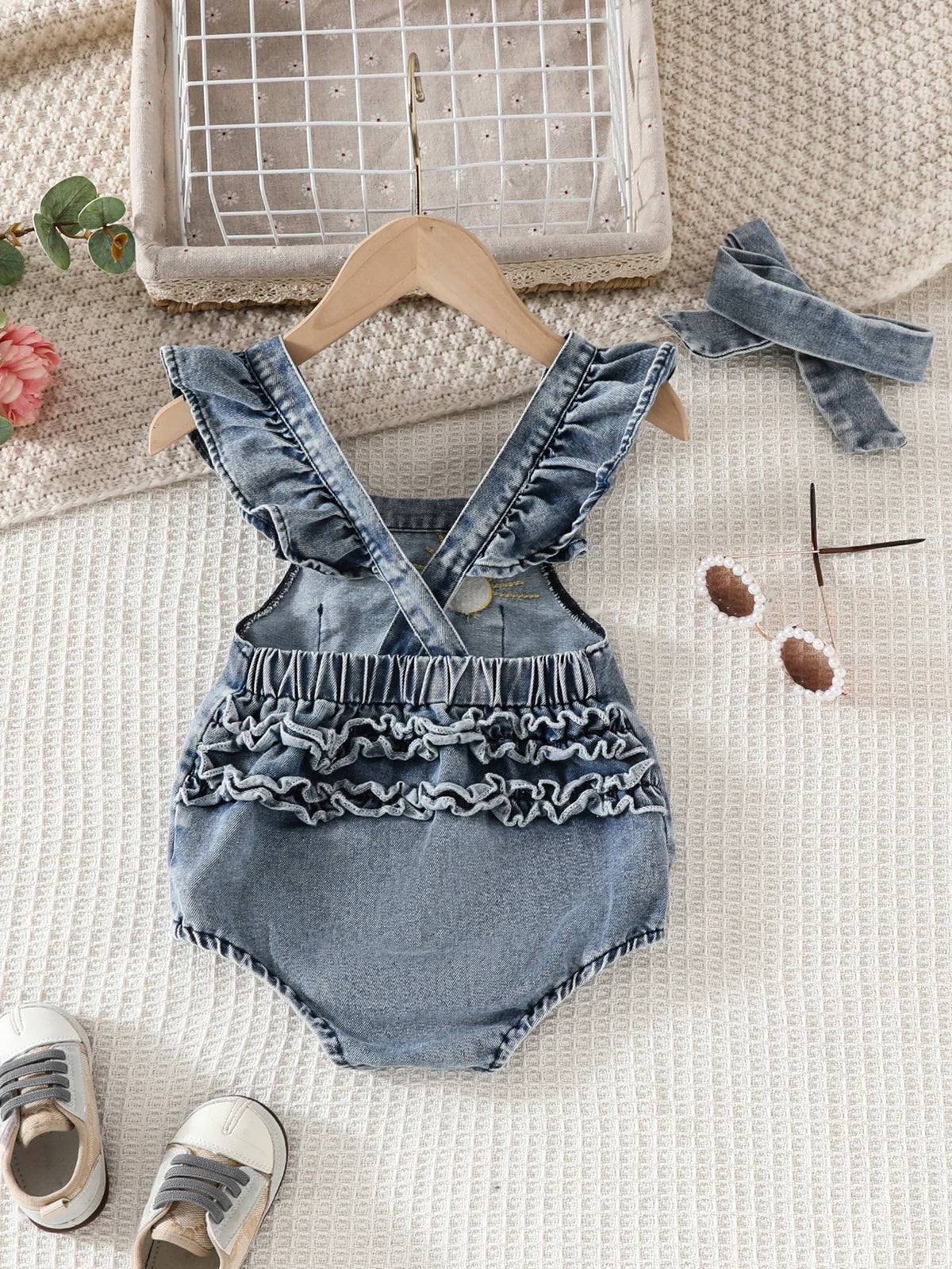Baby Summer Casual Denim Overalls + Denim Hairband with Adjustable Straps And Lace Trim Shoulder Straps for Comfortable Fit
