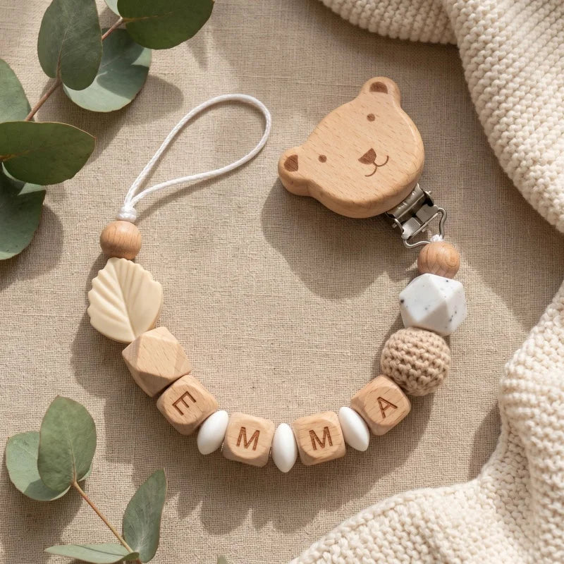 Personalized Baby Pacifier Clip with Name – Silicone & Wooden Bead Teether Soother Holder