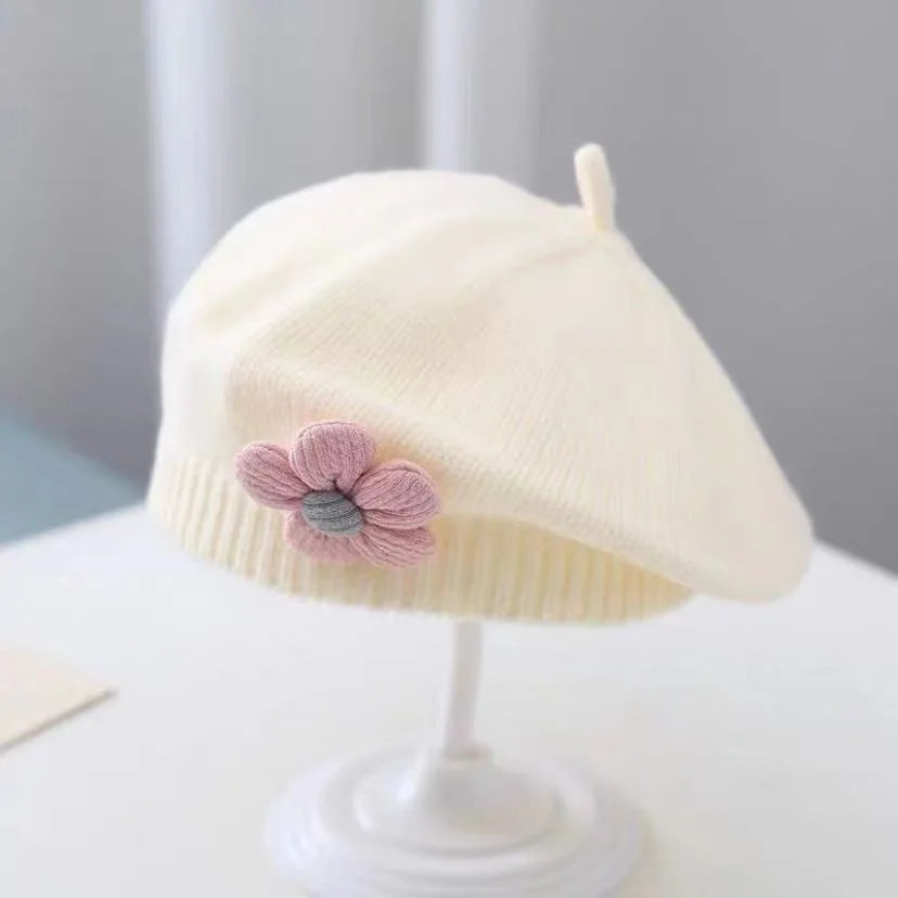 0-4Y Baby Girls' Cute Floral Beret Hat, 100% Cotton Knit Fabric, Lightweight Knit Cap for Infants Stretchable Thanksgiving