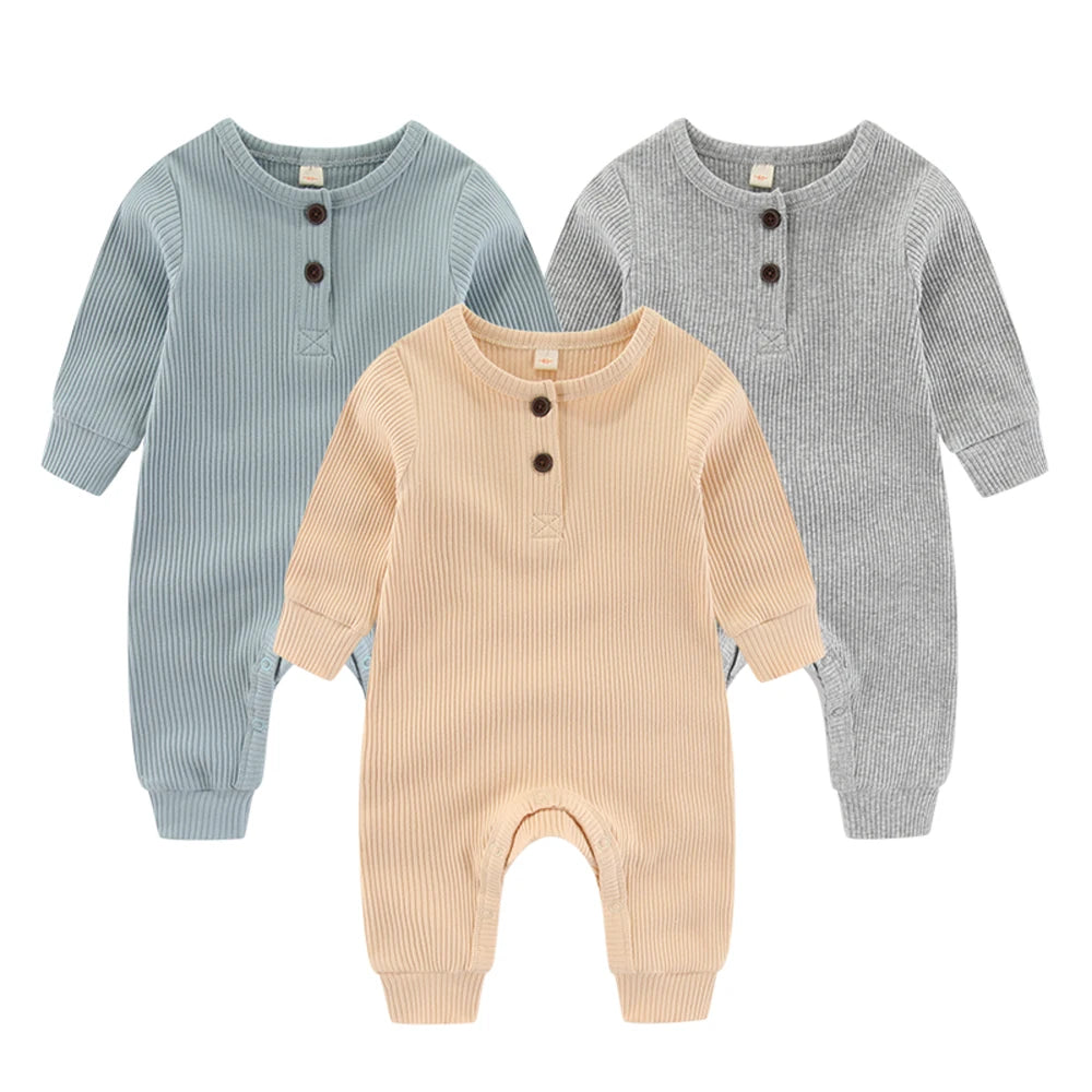Unisex Infant Jumpsuit Set 3-Piece Solid Color Long Sleeve Rompers 0-24 Months For Babies