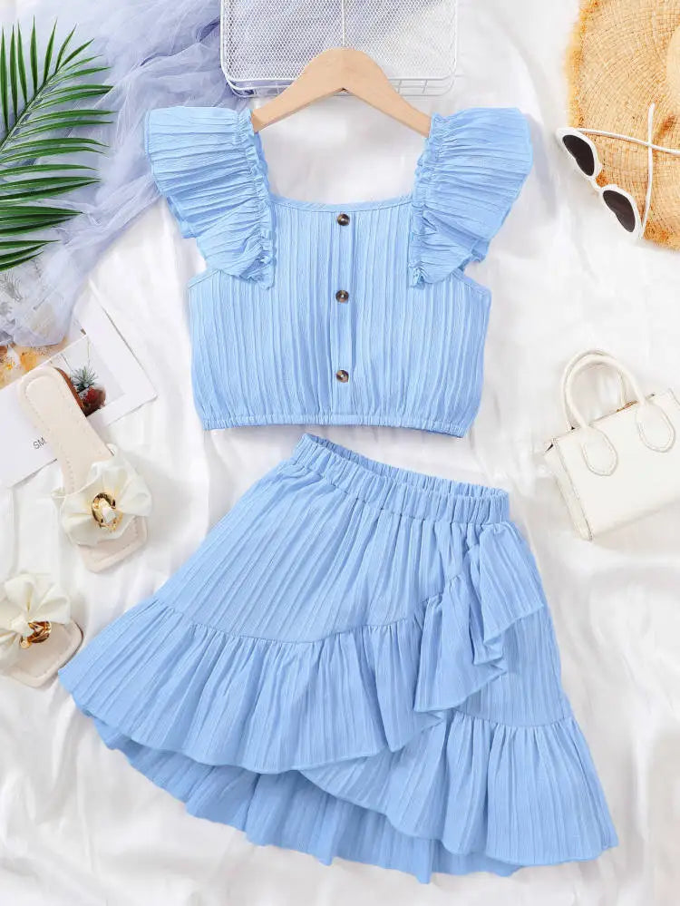 Children's Summer Set Flying Sleeve Solid color Top and Irregular Design Dress Fashion Set Suitable for Girls Aged 8-11 Years