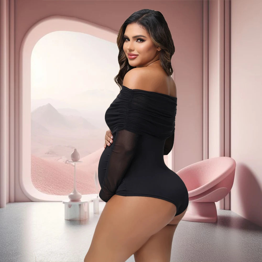 Maternity Photoshoot Bodysuit Long Sleeves Off-Shoulder Mesh Collar Bodycon Sexy See-Through Photography Jumpsuit