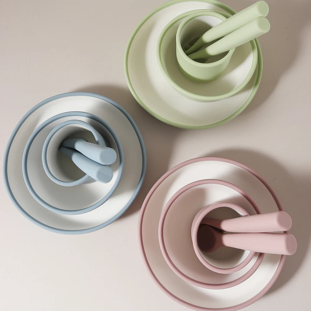 Minimalist Silicone Baby Feeding Set, 5-Piece No Suction Cup Plate Bowl Cup Fork Spoon Set, 1st Birthday Gift