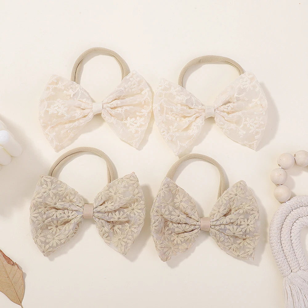 4Pcs 4.5 Inch Big Bows Hair Nylon Band for Baby Rural Style Daisy Embroidery Butterfly Bow Headband Sweet Headdress