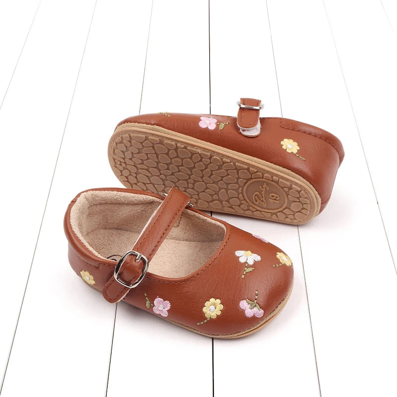 Baby Girl Princess Shoes High Quality Soft PU Embroidery Flower TPR Sole Anti-slip for Toddler Girl 0-18 Months New Fashion