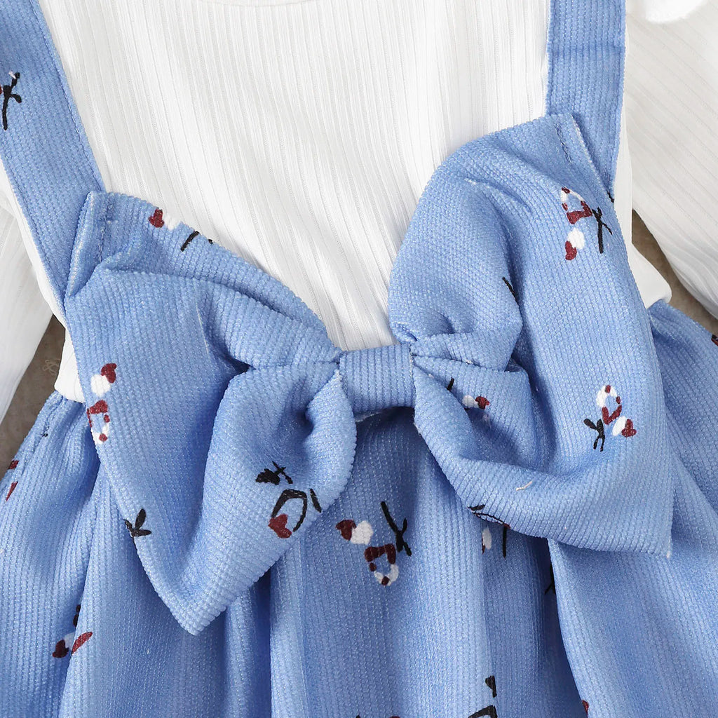 Baby Girl Spring and Autumn Dress Blue Crushed Goods Big Bow Long Sleeve Dress Suitable for Cute Baby Girls Aged 0-24 Months