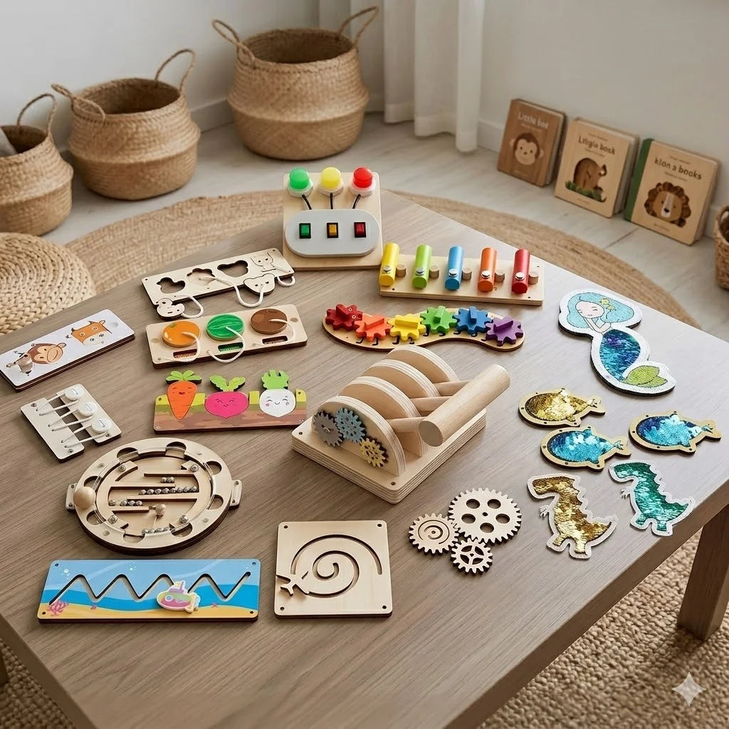 Montessori Busy Board Toddlers Wooden Sensory Activity  LED Switch Gears Maze Lacing  Fine Motor Skills Learning Set for Kids