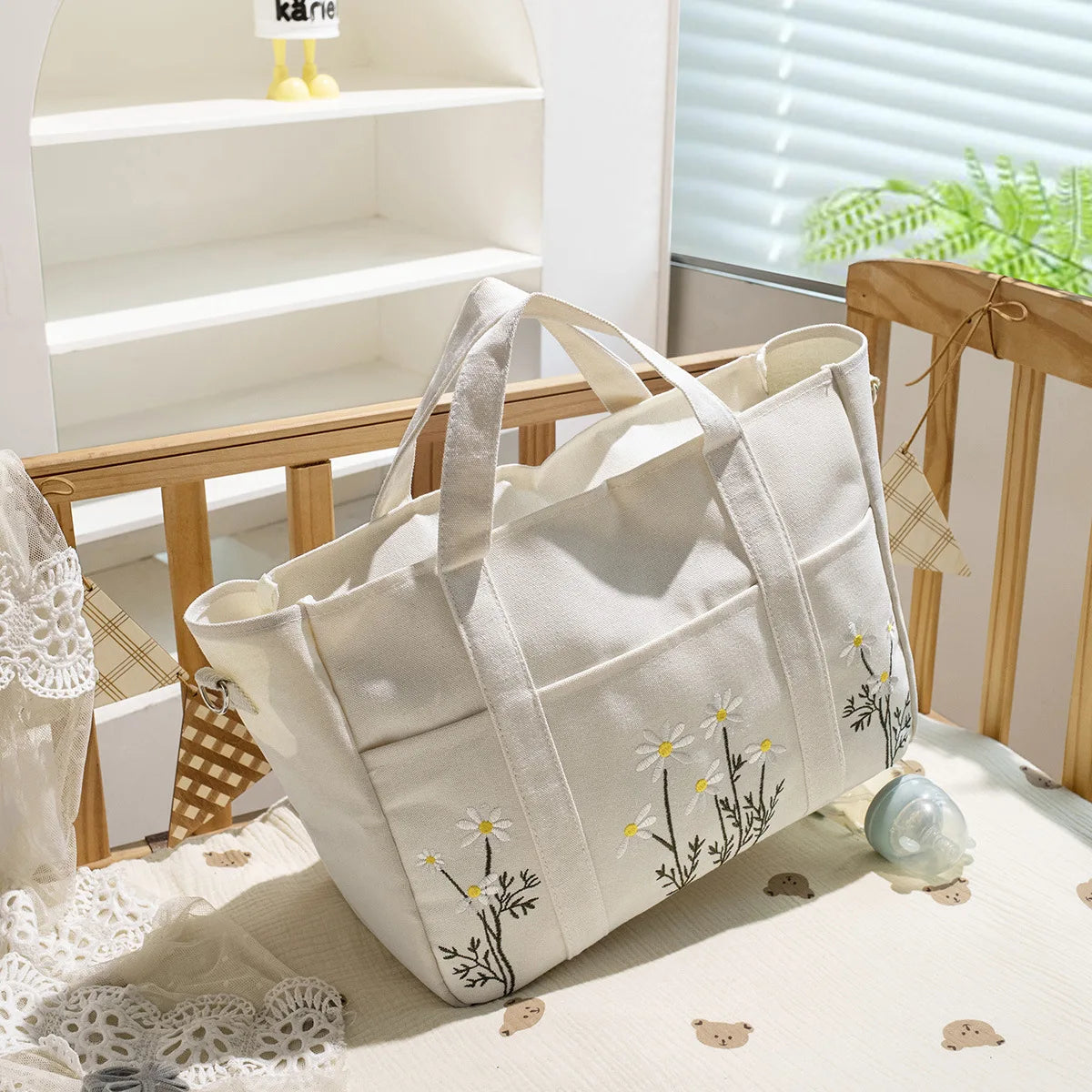 Flowers Embroidery Mommy Bag Multi-pocket Canvas Diaper Bag for Mom Large Capacity Nappy Organizer Baby Items Women Tote Bag