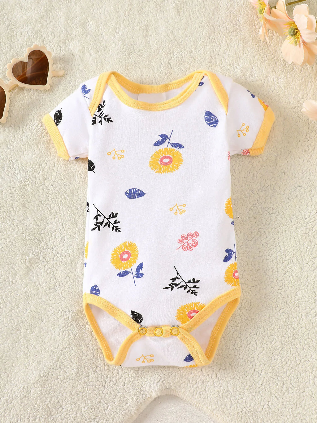 8-Piece Newborn Baby Romper Set, Made of 100% Pure Cotton, Soft and Breathable. Features a Yellow Floral Pattern, Suitable for N