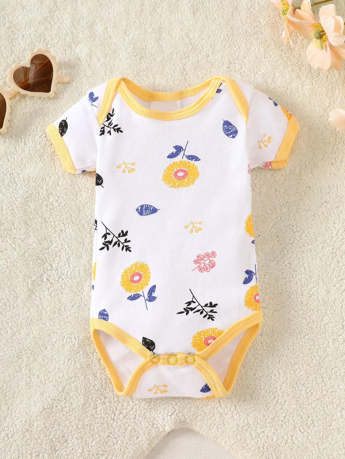 8-Piece Newborn Baby Romper Set, Made of 100% Pure Cotton, Soft and Breathable. Features a Yellow Floral Pattern, Suitable for N