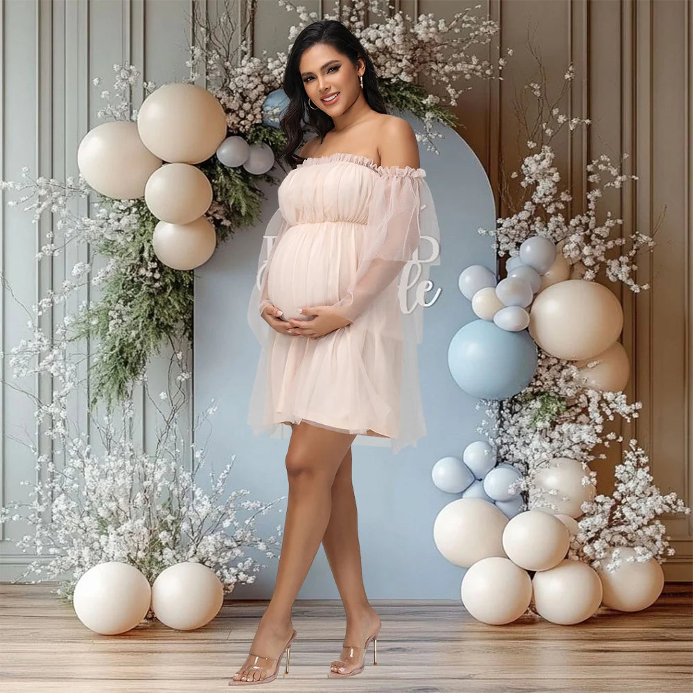 Maternity Mesh Photography Gown Long Sleeves Off-shoulder Elegant Summer Short Dress for Baby Shower Photoshoot