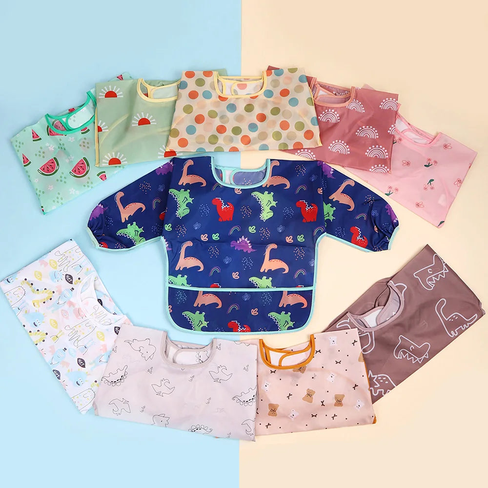 2pcs Waterproof Full Sleeve Baby Bibs Children Apron Long Sleeve Feeding Smock Kids Eating Breastplate Infant Scarf Clothing