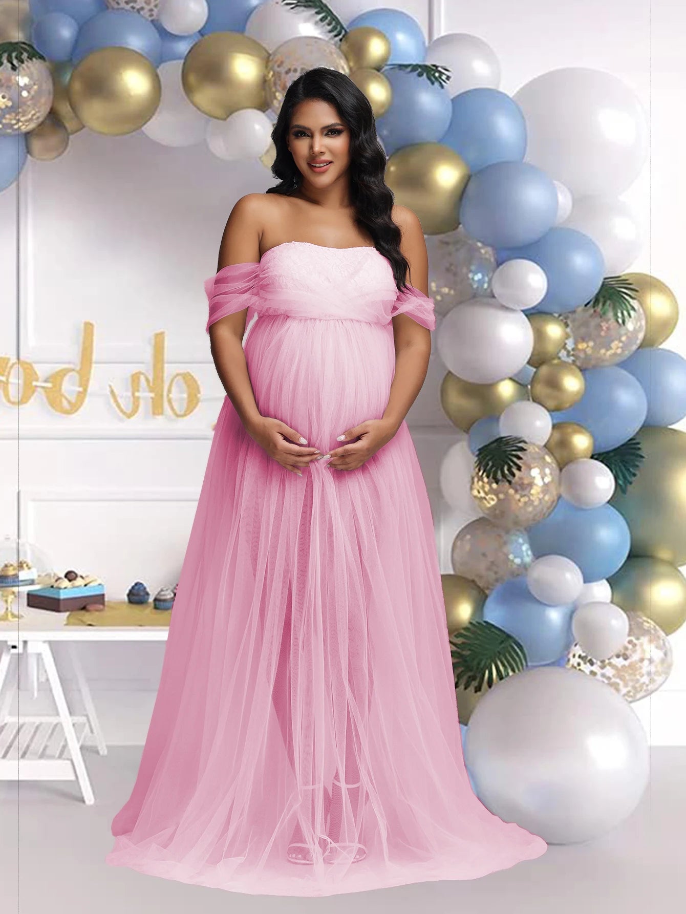 Maternity Lace Mesh Maxi Dress Model ML01 Strapless Baby Shower Photo Shoot Gown